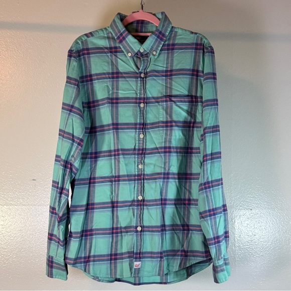 Vineyard Vines Slim Fit Murray Shirt Plaid Cotton Linen Blend Teal/Multi Size M - Picture 4 of 6